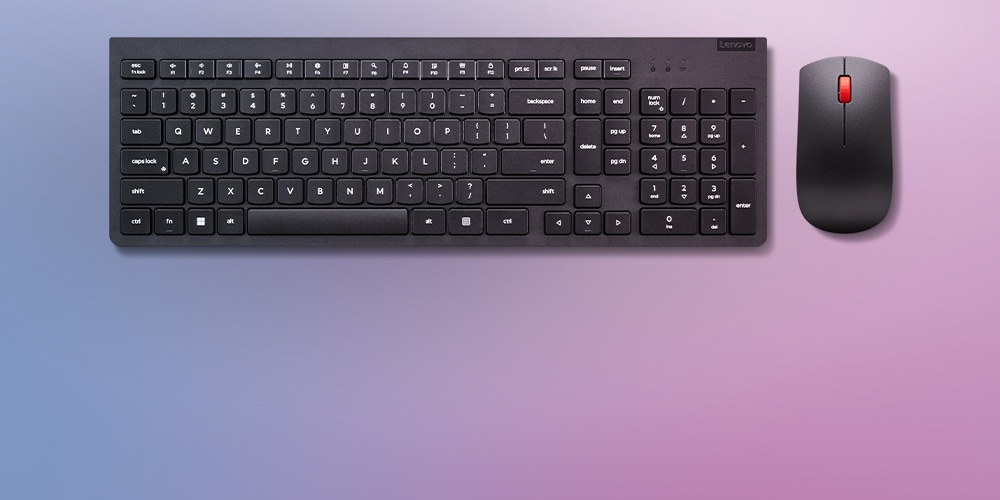 A Lenovo Essential Wireless Combo Keyboard & Mice gen2 Black is featured on a background