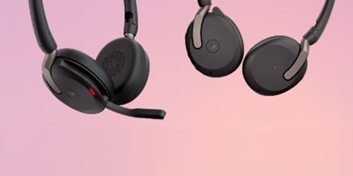 A Jabra Evolve2 65 Flex headset and an Evolve2 55 headset are featured on a background.