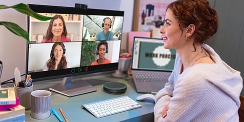 A lady on a video conference call.