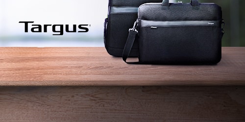 A Targus bag and backpack on a wooden table.