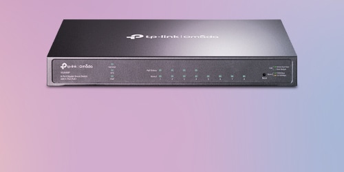 A TP Link 8 Port POE+ Switch featured on a background.