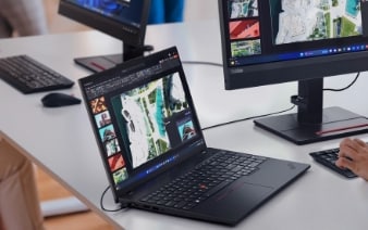 Lenovo ThinkPad E14 Gen 6 laptop, open and angled to showcase its sleek design and vibrant display.