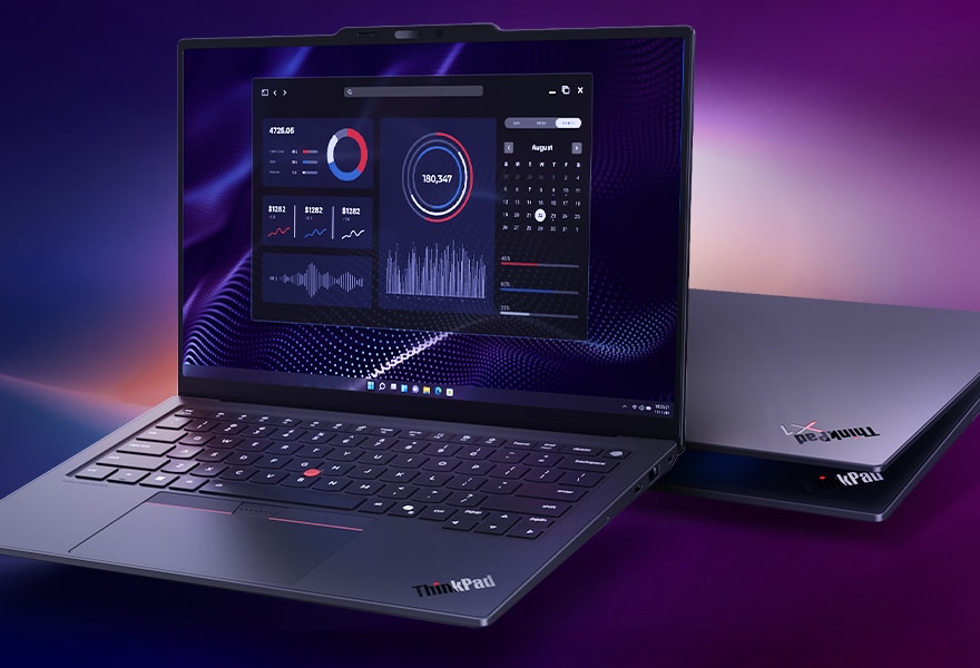 Lenovo ThinkPad X1 Carbon Gen 13 Aura Edition open on a sleek desk, showcasing its thin design, high-resolution display, and signature red TrackPoint in a stylish workspace setting.