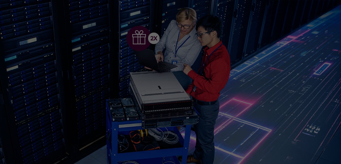 Image de deux serveurs Lenovo : à gauche, un serveur ThinkSystem ST650 V3 et à droite, une baie de serveur V4 avec icône d’horloge, mettant en évidence une promotion spéciale.