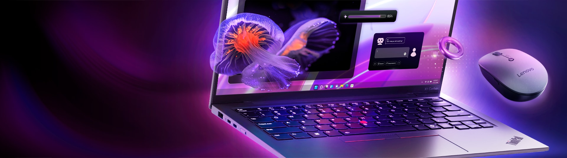 A Lenovo ThinkPad laptop with a jellyfish emerging from the screen, and a Lenovo wireless mouse floating around.