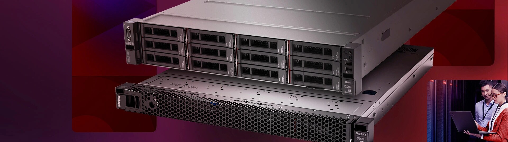 2 Lenovo ThinkSystem ST650 V2 Tower on top of each other and a Lenovo Storage D1212 Rack server to the right on a purple gradient background.