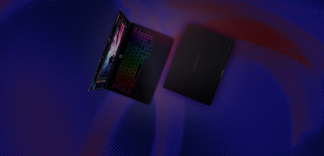 Legion Pro 7 Gen 10 laptop opened with a front view and closed with a back view on a gradient purple and blue background