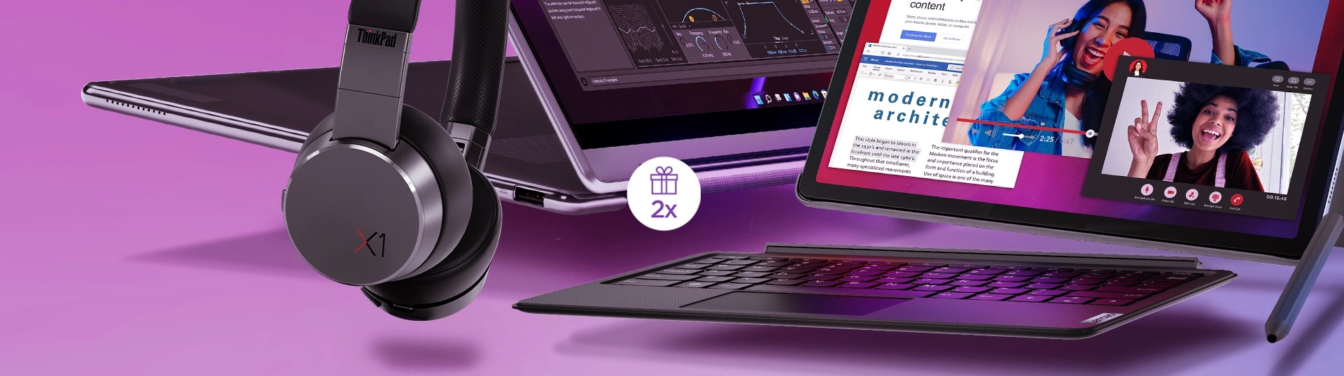 A Lenovo ThinkPad X1 headphone, a Lenovo laptop and Lenovo Tablet with it's keyboard detached and it's pen, and a 2X and gift My Lenovo Rewards Icon.