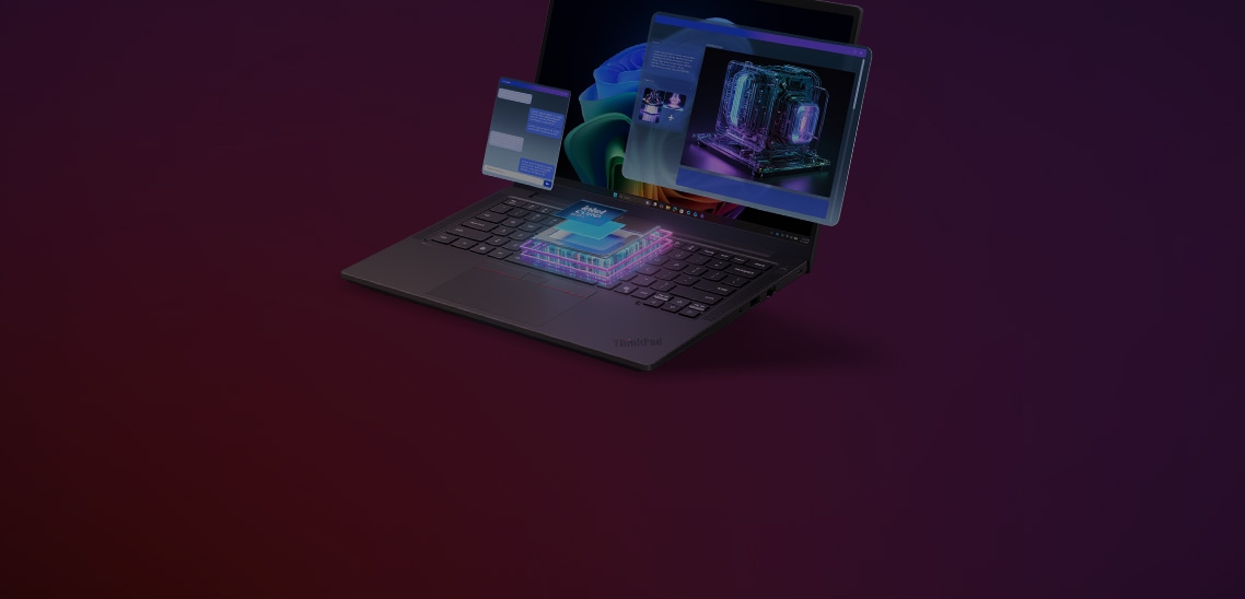 Illustration d'un portable Lenovo ThinkPad affichant des fonctionnalités informatiques alimentées par l'IA. Un processeur graphique lumineux survole le clavier, tandis que les panneaux d'interface flottants montrent une conversation de clavier et un contenu visuel généré par l'IA. L'éclairage violet néon, bleu et rose sur un fond dégradé magenta met l'accent sur l'intelligence artificielle de pointe et le traitement haute performance.
