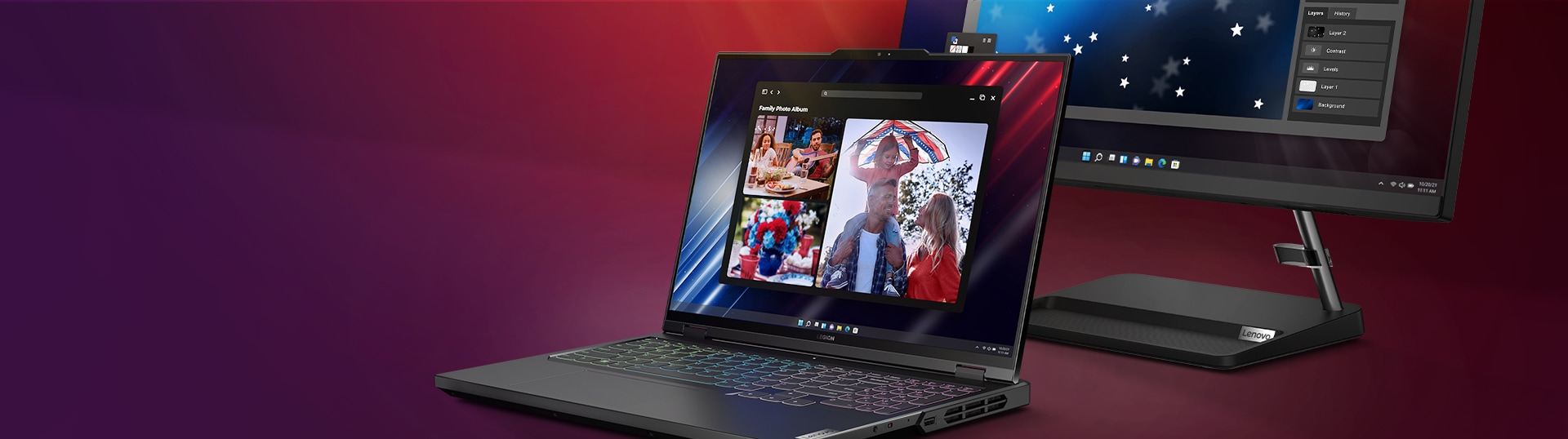 A gaming laptop positioned next to a desktop monitor, showing a user interface with photo albums, is displayed against a burgundy background. 