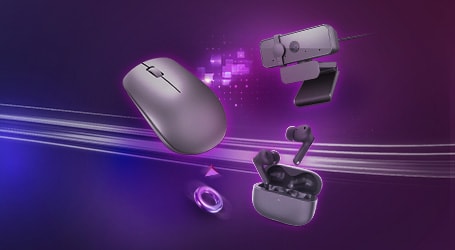 A purple-toned composition showing a Lenovo wireless mouse, a Lenovo webcam and a pair of wireless earbuds in their charging case, floating against a neon-purple background.