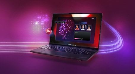 A ThinkPad laptop sits open on a vibrant purple-pink background, with digital glow and streaks of light suggesting speed and connectivity.