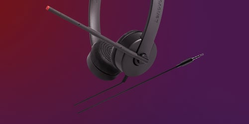 A Lenovo Essential Stereo Analog Headset is featured on a background.