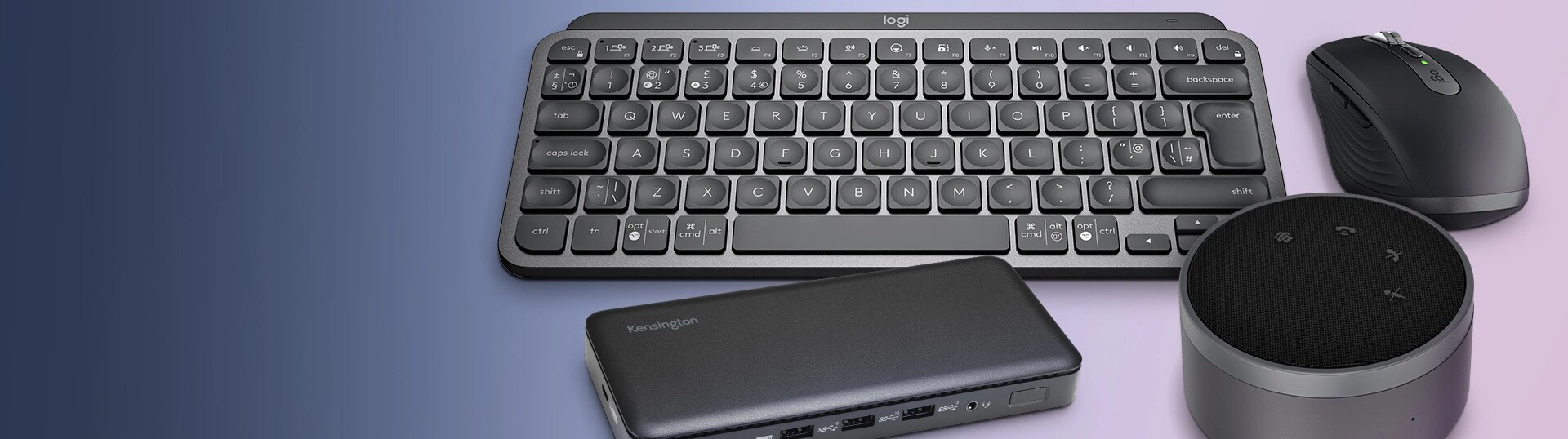 A Lenovo Go Wired Speakerphone, a USB-C 10Gbps Triple Video Driverless Docking Station and a Logitech MX Keys Mini Keyboard & Mouse Combo for Business are featured on a background.