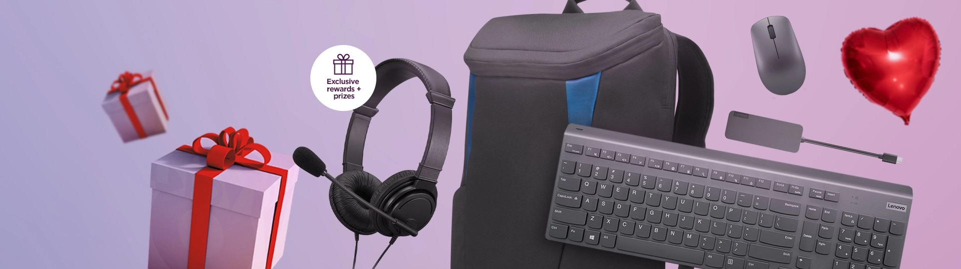 An Ideapad Gaming Backpack, a Lenovo Select Wireless Modern Combo Keyboard, a USB-C to 4 Port USB-A Hub, and a Lenovo Select Wireless Everyday Mouse are all featured on a light background. 