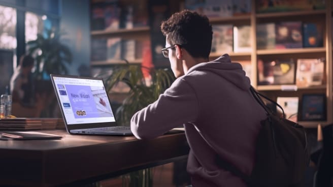 a young man sitting at a table in a library or study area, working on a Lenovo laptop.