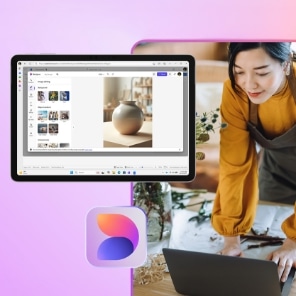 a Tablet displaying a Microsoft Designer workspace for visual creation and branding, positioned beside a person organizing creative materials with a Lenovo notebook. 