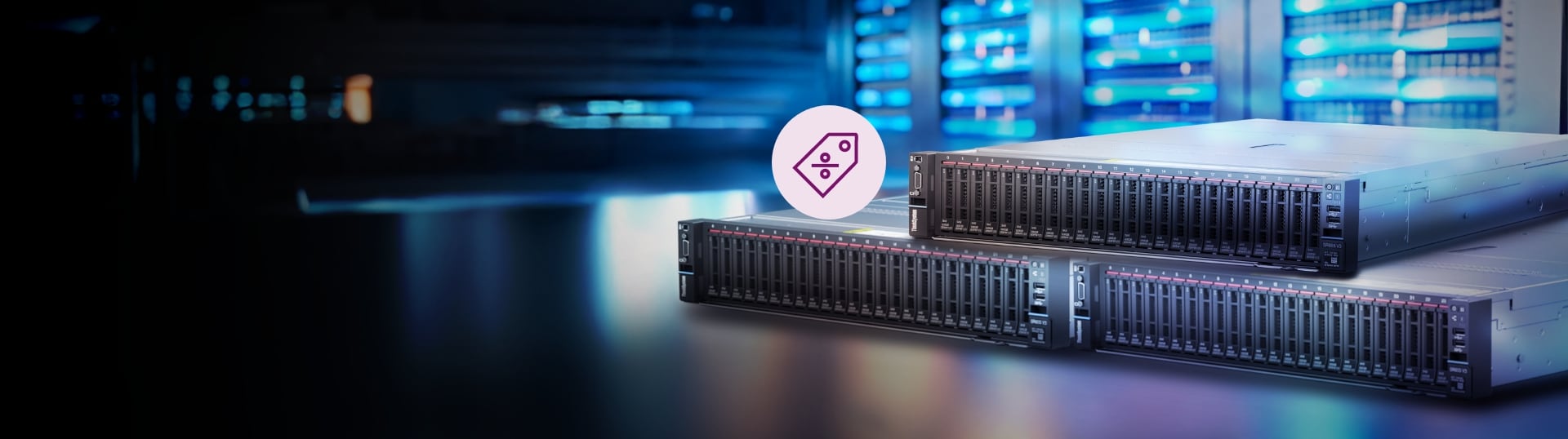 Image de deux serveurs Lenovo : à gauche, un serveur ThinkSystem ST650 V3 et à droite, une baie de serveur V4 avec icône d’horloge, mettant en évidence une promotion spéciale.