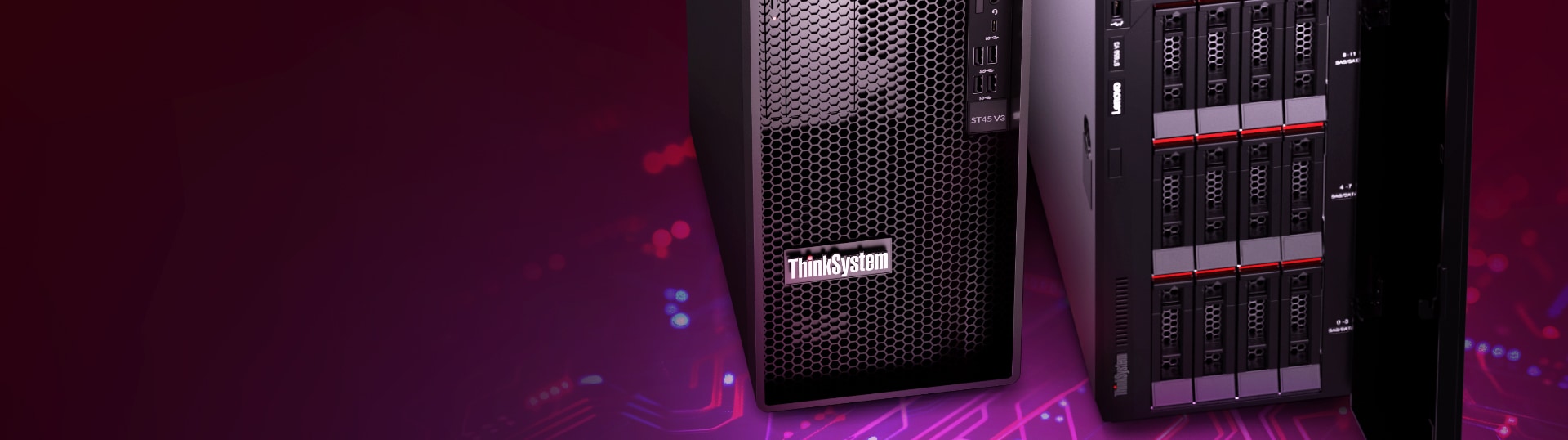 Image de deux serveurs Lenovo : à gauche, un serveur ThinkSystem ST650 V3 et à droite, une baie de serveur V4 avec icône d’horloge, mettant en évidence une promotion spéciale.