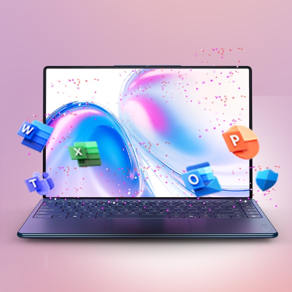 A laptop with its screen displaying abstract blue and pink swirls, with floating 3D icons for Microsoft Word, Excel, PowerPoint, and Teams above the keyboard.