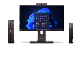 Lenovo desktop setup featuring a widescreen monitor with Windows 11 interface, flanked by two slim Lenovo tower PCs, against a gradient red background.