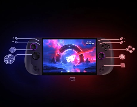 Rear view of Lenovo Legion Go S Gen 1 (8") with labeled triggers, cooling vents, and connectivity ports on a dark background.