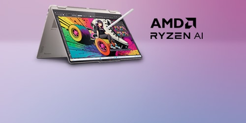 Convertible laptop in tent mode with a stylus on a colorful graphic screen, next to AMD Ryzen AI logo on a purple gradient background.