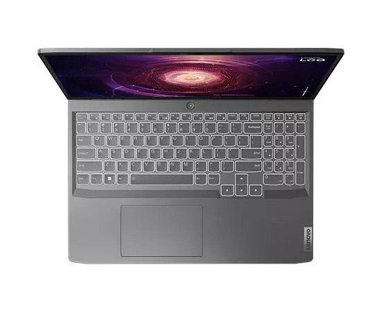 Top-down view of Lenovo LOQ 16APH8 laptop with display on and white backlit keyboard