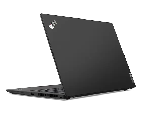Vue arrière du portable Thinkpad T14s noir légèrement ouvert