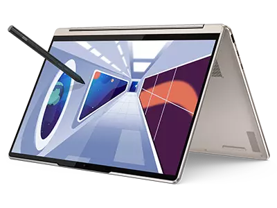 Lenovo Yoga 9i 14" Oatmeal featured in tent mode with digital pen