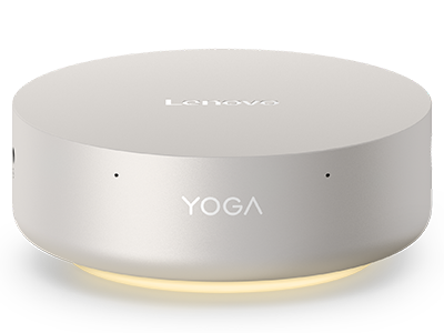 พีซี Lenovo Yoga Mini i Gen 11 พร้อมวงแหวนสีเหลืองเรืองแสงรอบช่องระบายอากาศ ที่ด้านล่างพร้อมฟีเจอร์แสงสว่างแบบปรับได้