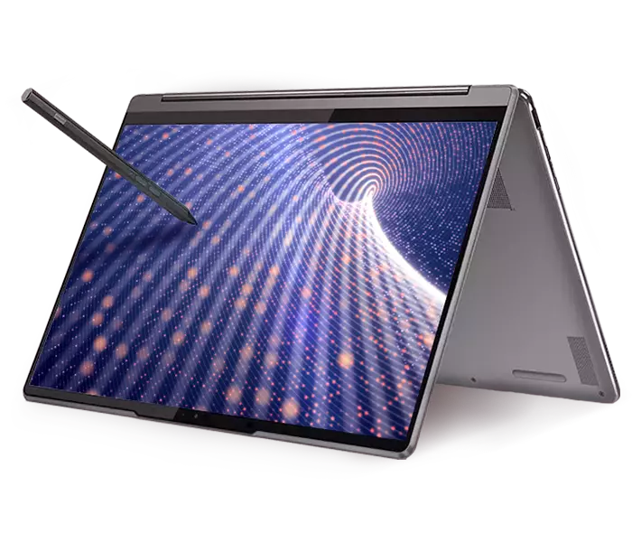 Lenovo Yoga Laptop featured in tent mode with a digital pen.