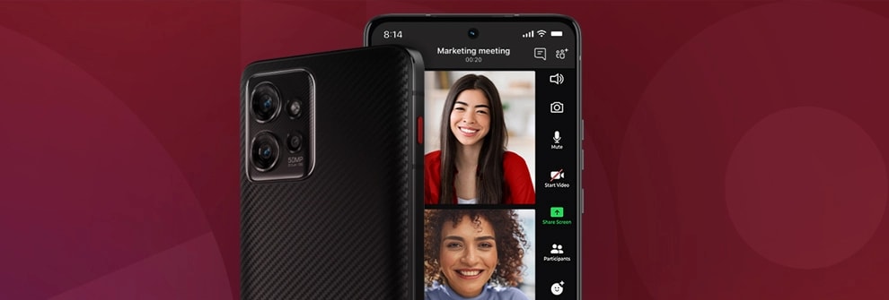 ThinkPhone by Motorola, showing back with camera features, showing front with phone meeting in session