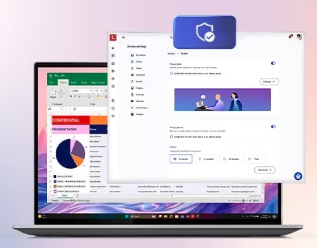 PC Portable Lenovo Thinkpad X1 2-en-1 Gen 10 Aura Edition - Yoga Pen (21NU00K6FE) Le mode Shield floute proactivement votre écran et envoie des messages pour protéger vos données et votre ordinateur portable Lenovo ThinkPad X1 Carbon Gen 13 Aura Edition.
