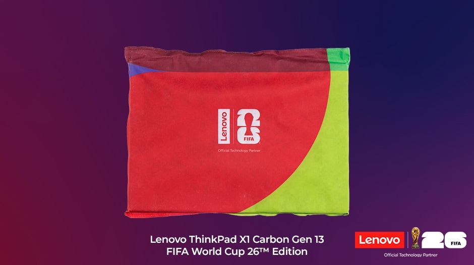 A colorful bamboo-fiber laptop sleeve with Lenovo & FIFA World Cup 26 logos imprinted. 