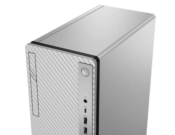 Aerial close-up view of side-facing Lenovo IdeaCentre 5i Gen 8 (Intel) family desktop tower, showing front ports, top panel & right-hand panel