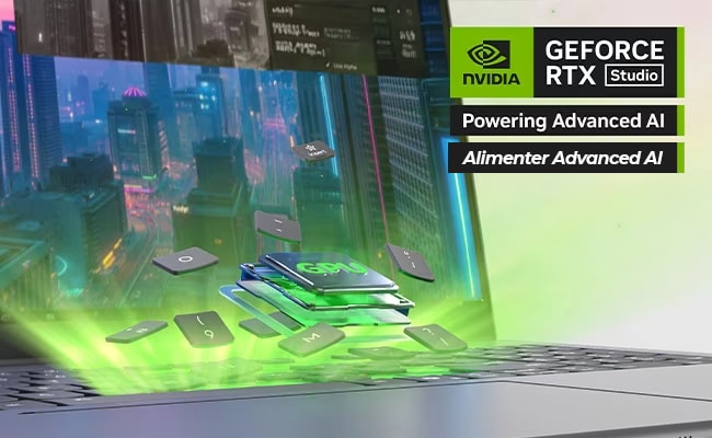 Pogled od blizu na tipkovnico na prenosniku Yoga Pro 9i Gen 10 Aura Edition (16-palčni Intel) z zeleno lučko, tipkami in grafično kartico, ki se odklopi; logotip NVIDA GeForce RTX je v zgornjem desnem kotu.