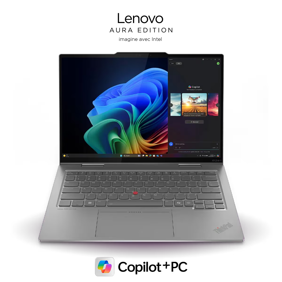 Le portable haut de gamme Lenovo X1 2 en 1 10e génération Aura Edition est également un PC Copilot+, avec des solutions intégrées d’IA pour une sécurité et une productivité accrues.