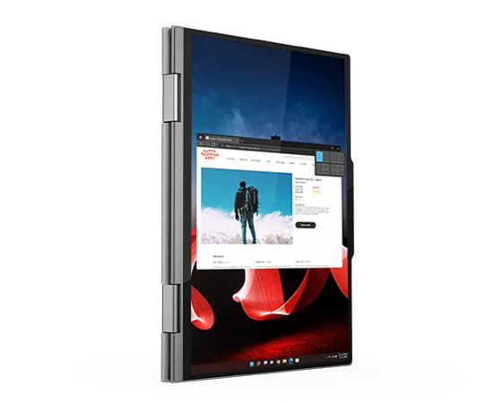 Lenovo ThinkPad X1 2-in-1 convertible laptop in vertical tablet mode, showcasing the 14 inch display & 360-degree hinges.