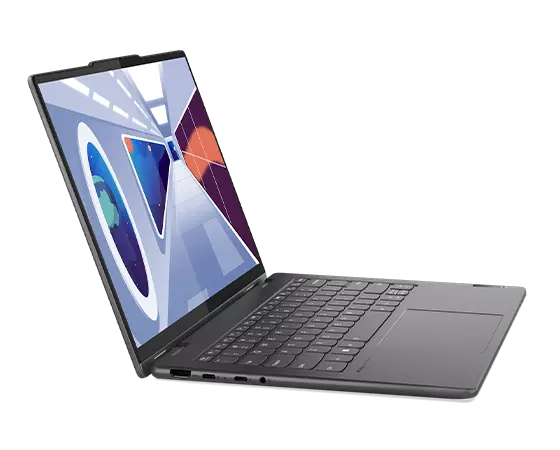 Vue du portable Lenovo Yoga 7i Gen 8 vers la droite avec écran sur