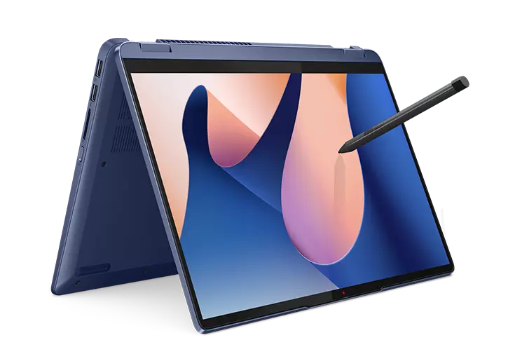 Right-facing Lenovo IdeaPad Flex 5i Laptop in tent mode with the pen included.