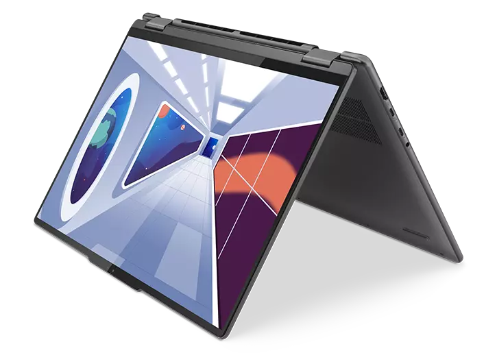Yoga 7i Gen 8 laptop in tent mode with display on