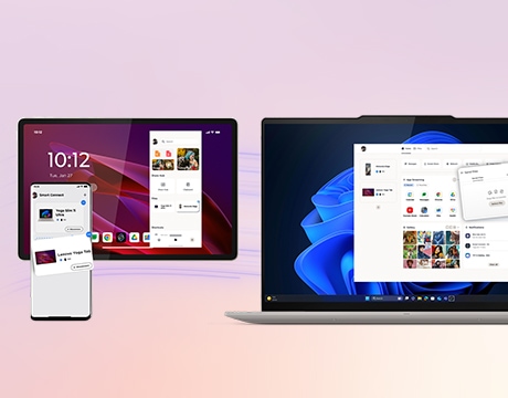 Las interfaces de usuario paralelas aparecen en un teléfono inteligente, una tablet y la laptop Lenovo IdeaPad Slim 3i Gen 11 (14” Intel).
