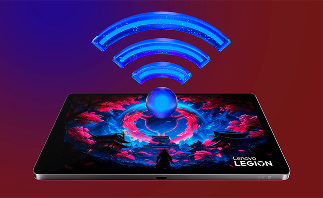 A large blue WiFi icon hovering over the display of an Eclipse Black Lenovo Legion Tab Gen 5 (8.8" Snapdragon) gaming tablet in portrait orientation.