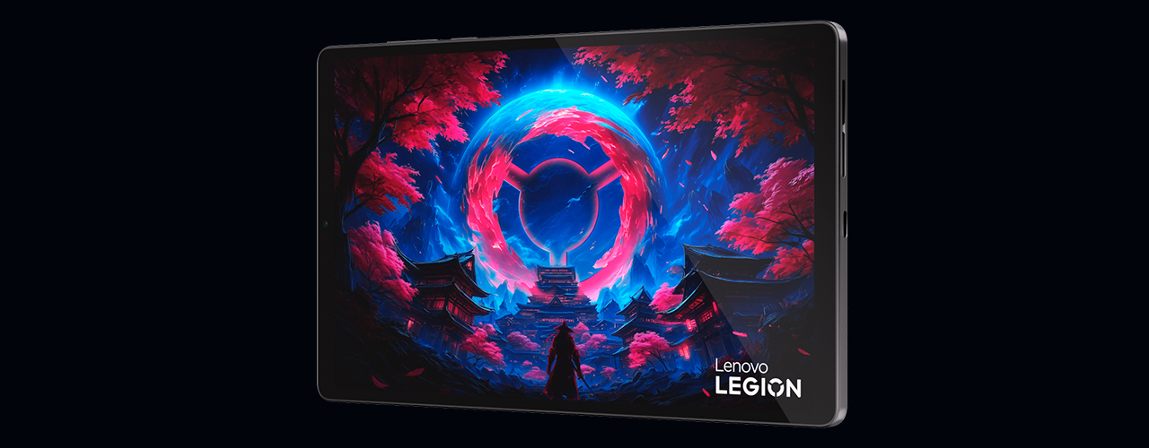 Angled view showing a Lenovo Legion screenfill and the right-side buttons of an Eclipse Black Lenovo Legion Tab Gen 5 (8.8" Snapdragon) gaming tablet in landscape orientation.