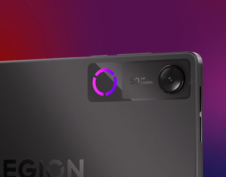 A close-up of the camera on an Eclipse Black Lenovo Legion Tab Gen 5 (8.8" Snapdragon) gaming tablet.