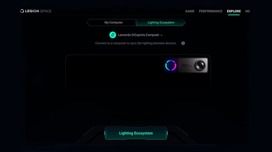 A screenshot of Legion Space synchronizing RGB lighting across devices.