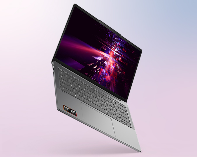 Front view of Lenovo IdeaPad Slim 5a Gen 11 (14" AMD) grey laptop, suspended in air with a stunning wallpaper displayed on the screen. מחשב נייד IdeaPad Slim 5 14AHP11 83S3001KIV מבית Lenovo