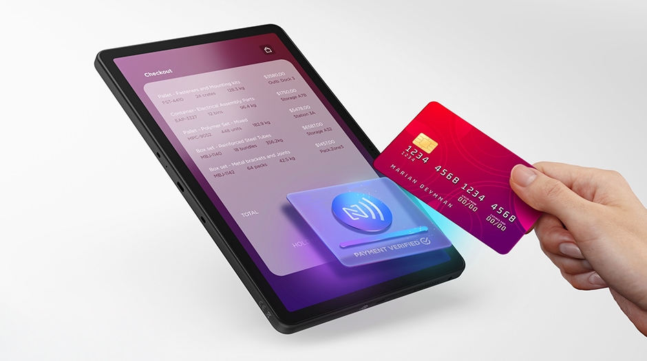 A hand holds a credit card to perform a transaction on the Lenovo ThinkTab X11 tablet.