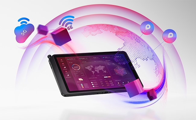 Swirling lines, a planet, and WiFi icons illustrate the connectivity of the Lenovo ThinkTab X11 tablet.